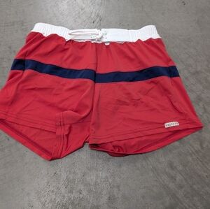 Sausage Red Swim Shorts with Navy Stripe, Large